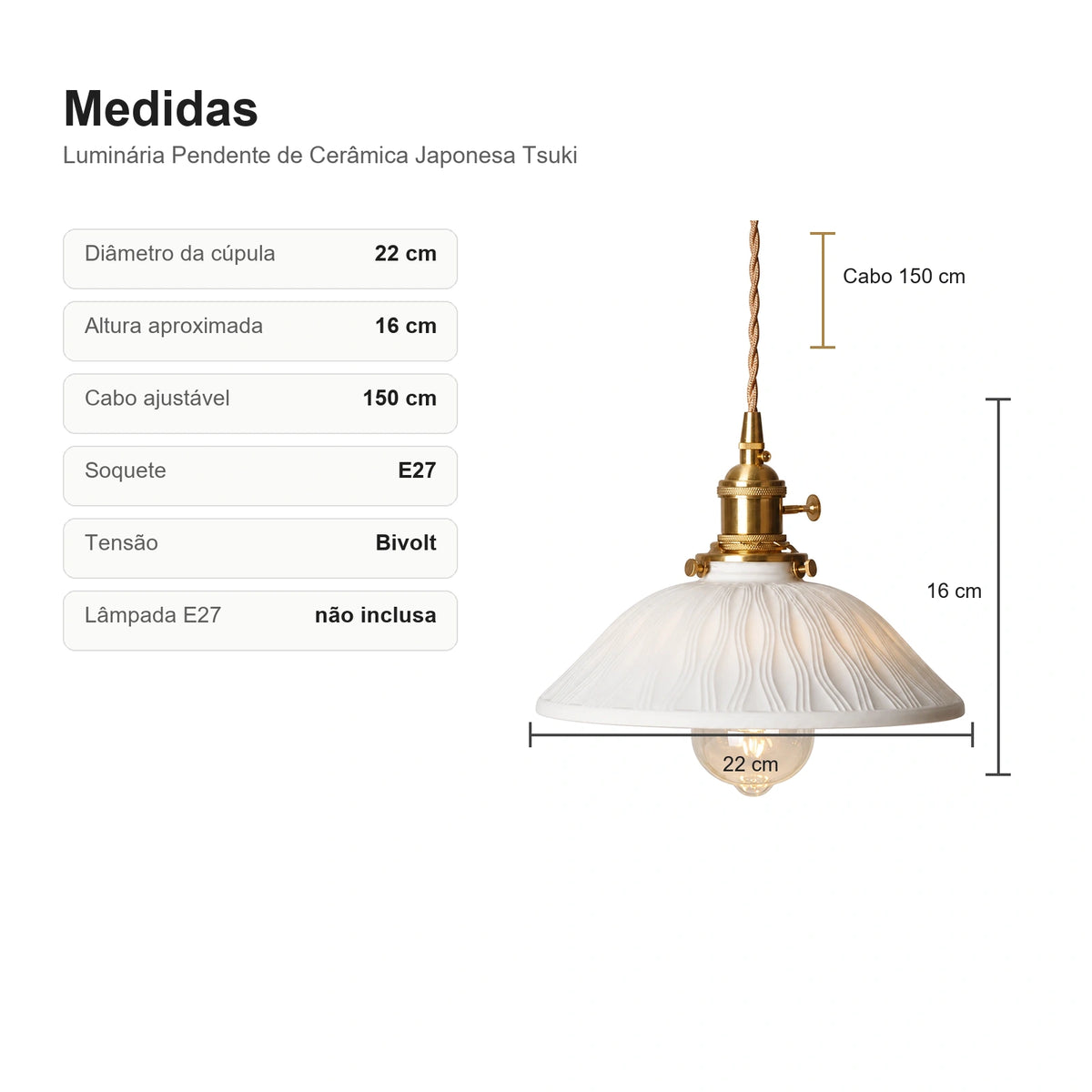 Medidas da Luminária Pendente de Cerâmica Japonesa Tsuki com diâmetro 22 cm e altura 16 cm