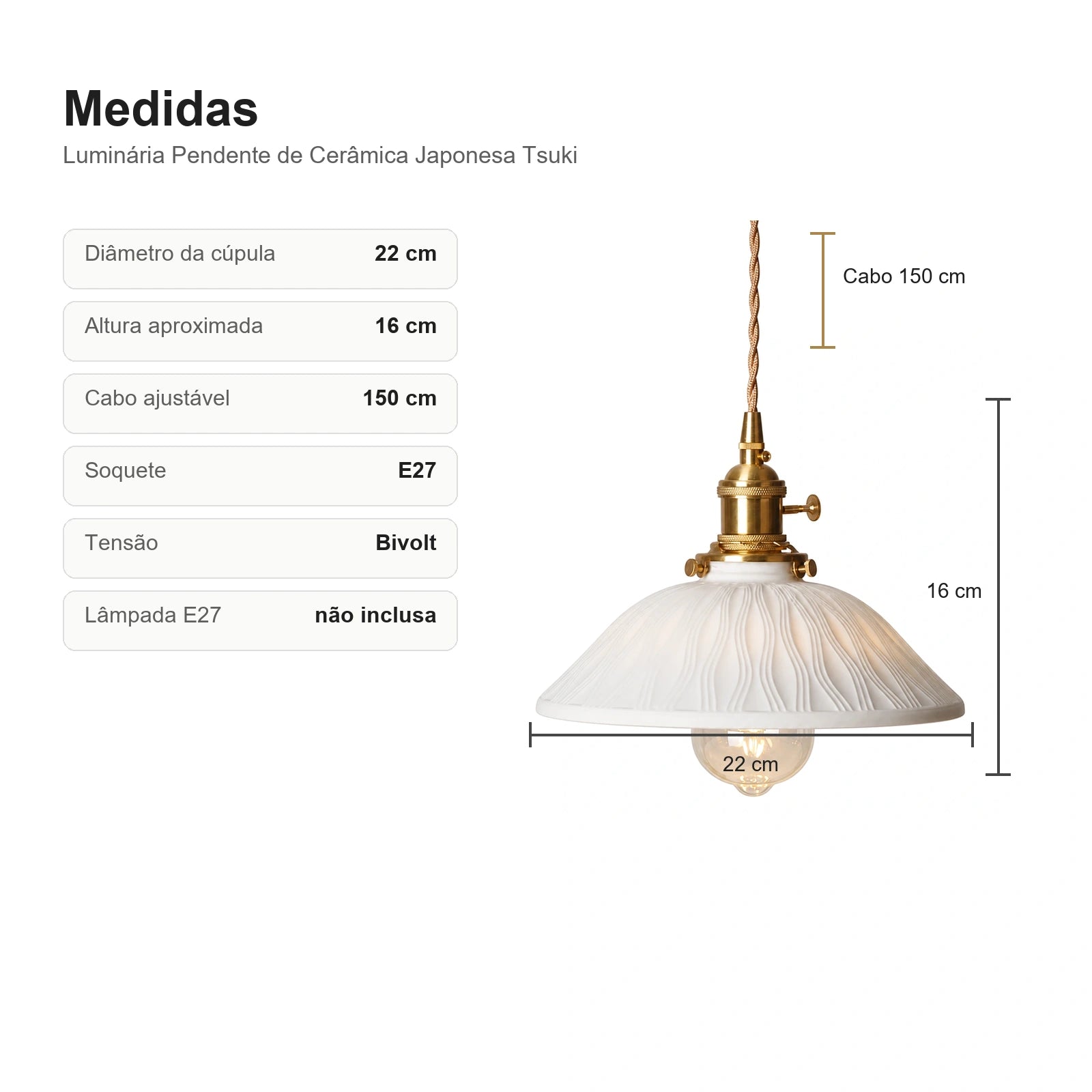 Medidas da Luminária Pendente de Cerâmica Japonesa Tsuki com diâmetro 22 cm e altura 16 cm