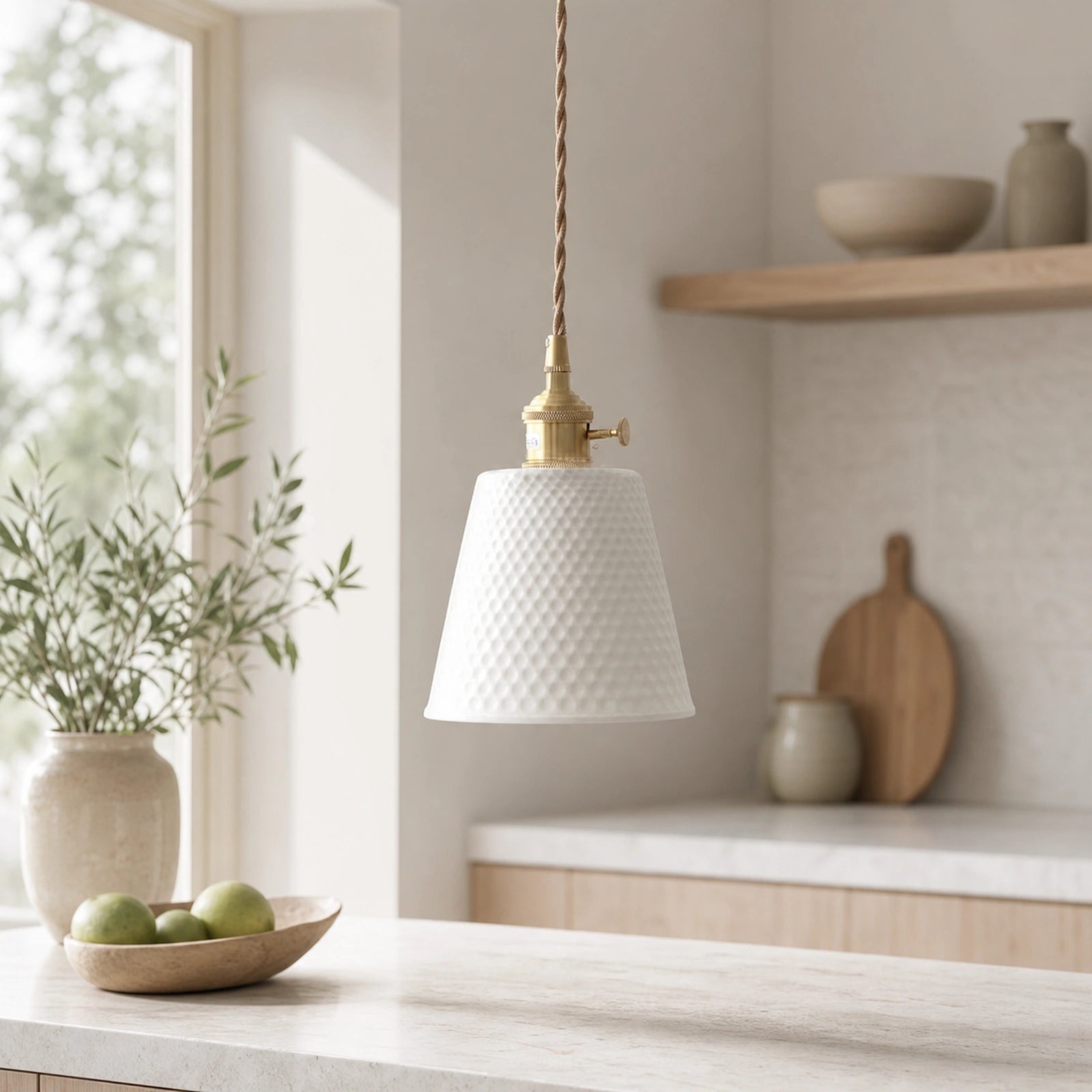 Luminária Pendente de Cerâmica Japonesa Yuki sobre bancada de cozinha clara
