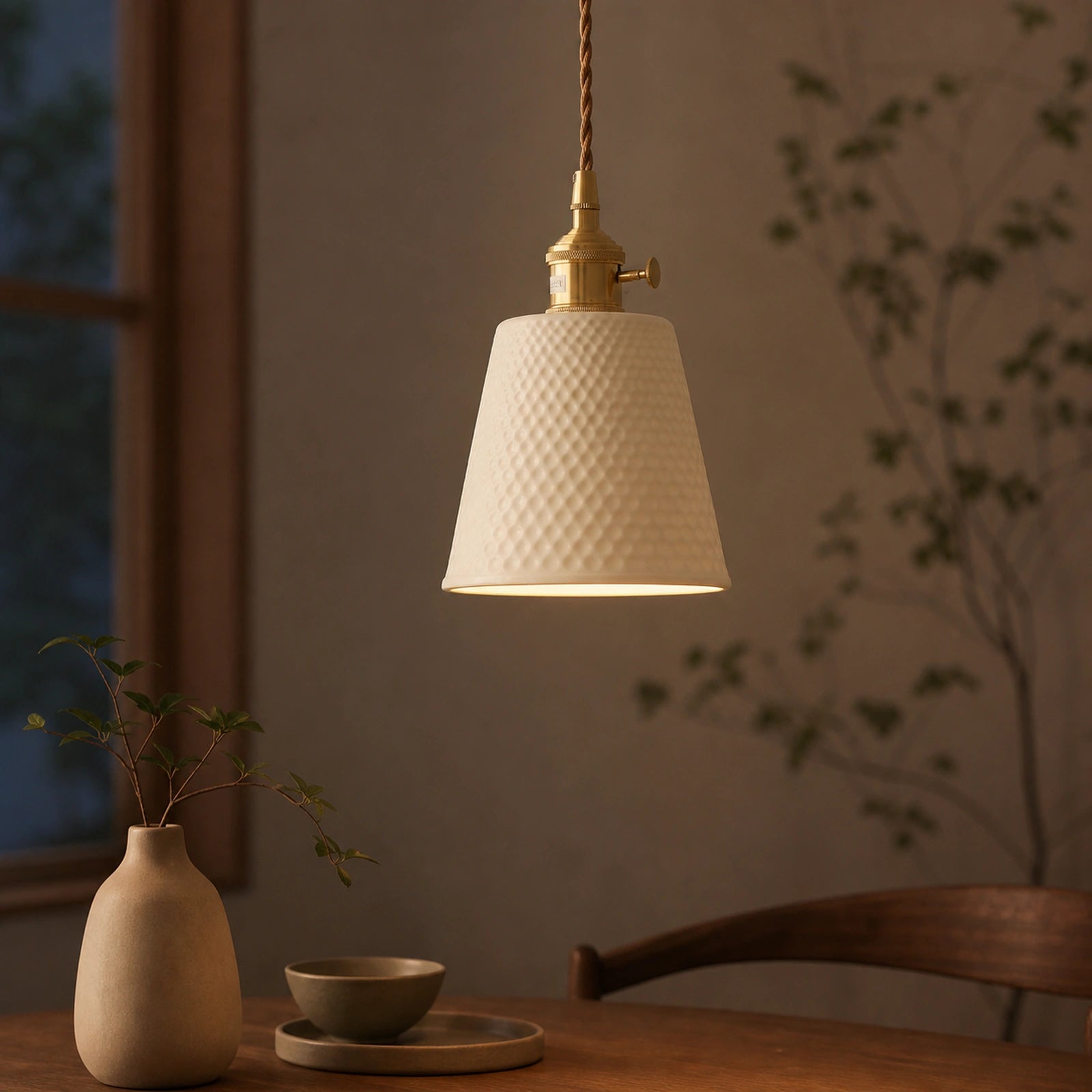 Luminária Pendente de Cerâmica Japonesa Yuki acesa com luz quente em sala de jantar