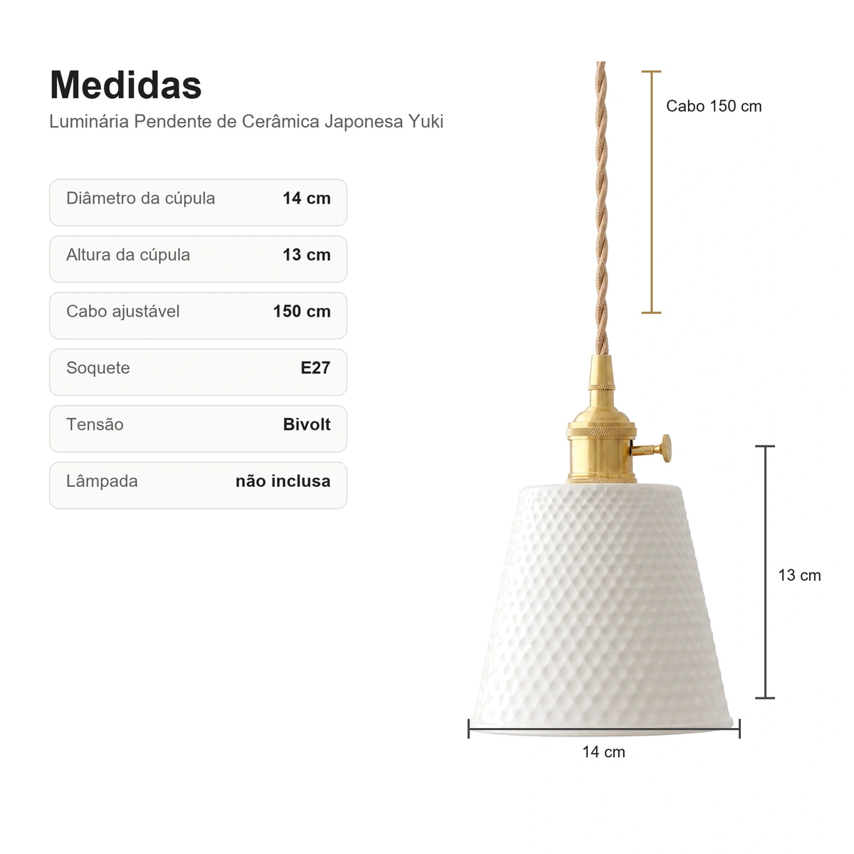 Medidas da Luminária Pendente de Cerâmica Japonesa Yuki com diâmetro 14 cm e altura 13 cm