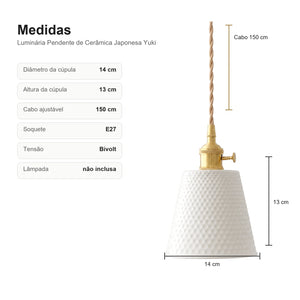 Medidas da Luminária Pendente de Cerâmica Japonesa Yuki com diâmetro 14 cm e altura 13 cm