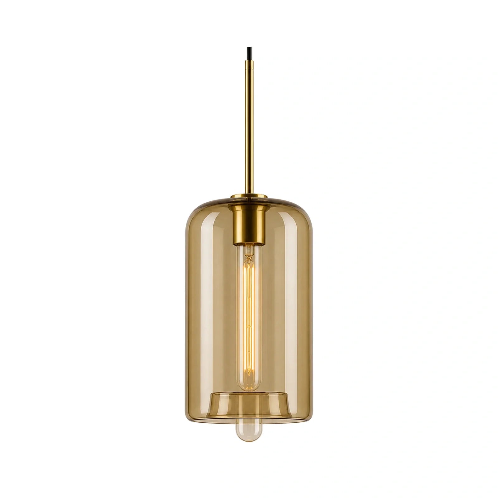 Luminária Pendente Cilíndrica de Vidro Âmbar Dourada Minimalista Elara em fundo branco
