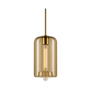 Luminária Pendente Cilíndrica de Vidro Âmbar Dourada Minimalista Elara em fundo branco