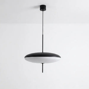 Luminária Pendente Disco Ufo 30cm cor Preto Fosco, design moderno minimalista com iluminação LED difusa para mesas de jantar e bancadas.