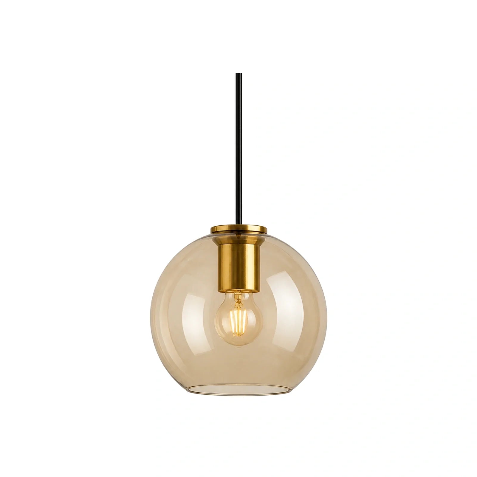 Luminária Pendente de Vidro Globo Âmbar Dourada Minimalista Solarys 20 cm em fundo branco