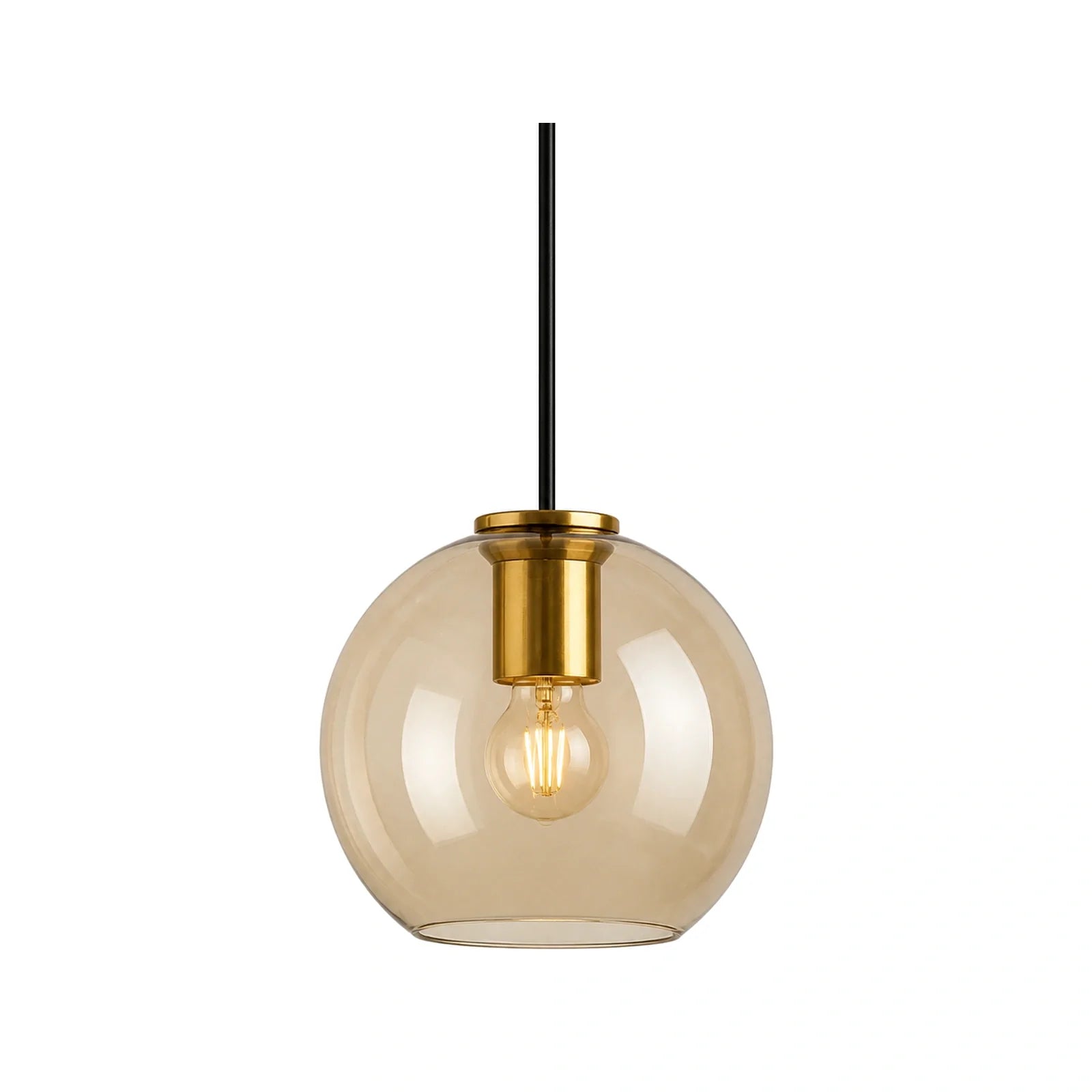 Luminária Pendente de Vidro Globo Âmbar Dourada Minimalista Solarys 25 cm em fundo branco