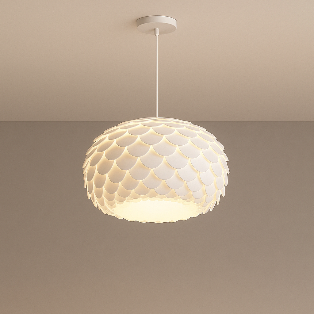 Foto de estúdio da Luminária Pendente Moderna Branca Pétala com design orgânico escandinavo, acesa, contra um fundo neutro, mostrando sua forma completa