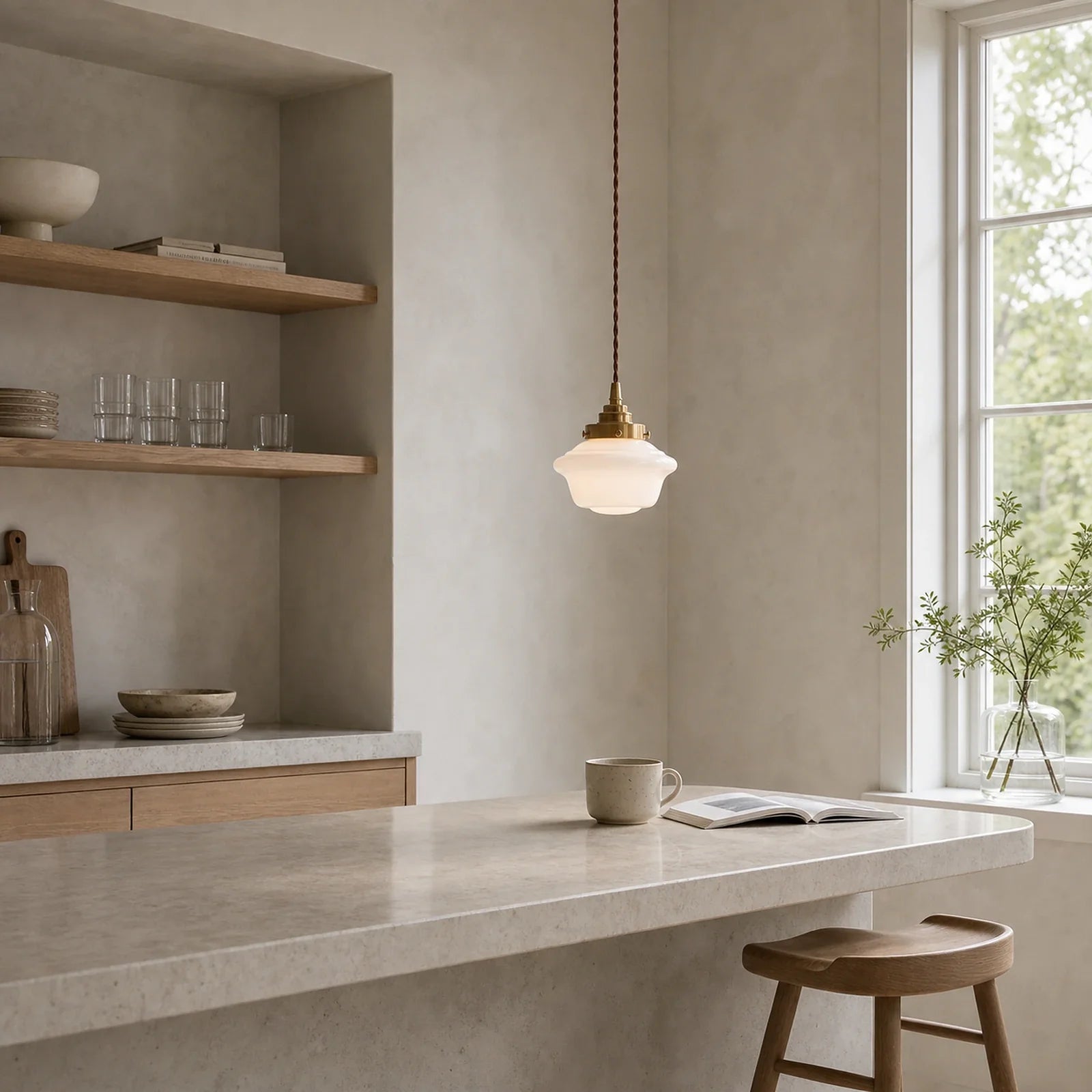 Luminária Pendente Nórdica de Vidro Leitoso Cobre Freya proporcional em cozinha nórdica