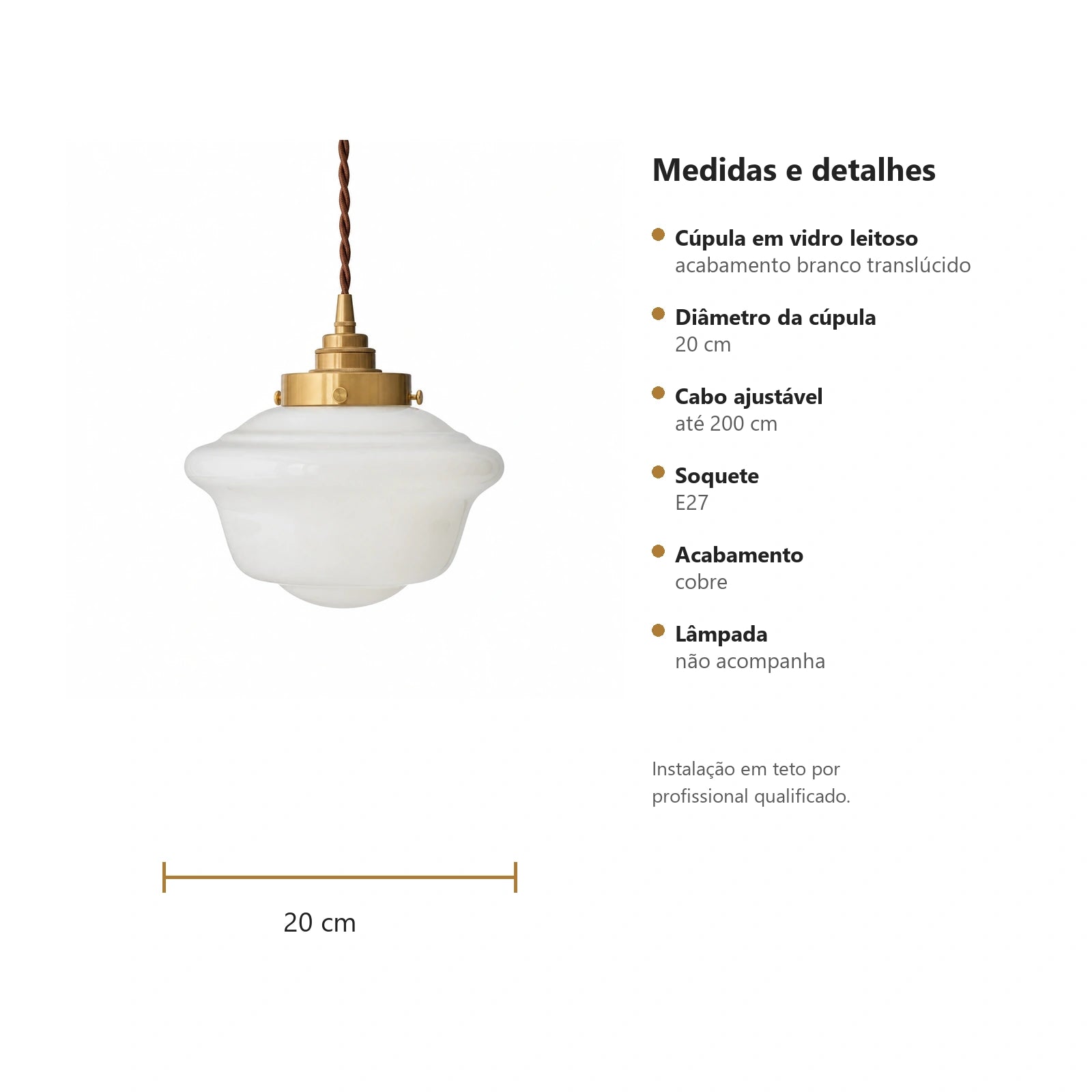 Medidas da Luminária Pendente Nórdica de Vidro Leitoso Cobre Freya com cúpula de 20 cm