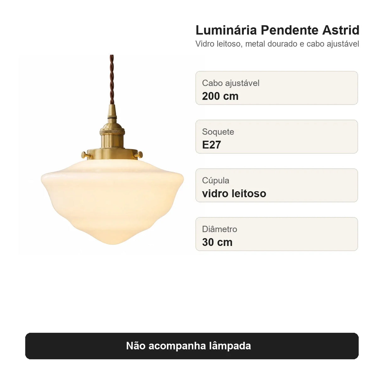Medidas da luminária pendente Astrid com cabo ajustável de 200 cm, soquete E27 e diâmetro de 30 cm