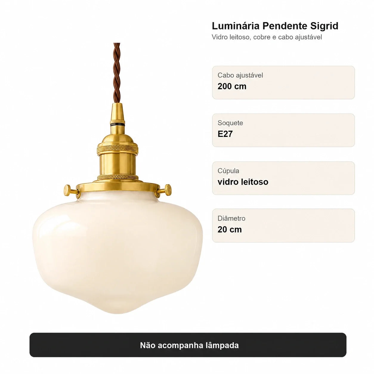 Medidas da luminária pendente Sigrid com cabo ajustável de 200 cm, soquete E27 e diâmetro de 20 cm