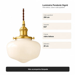 Medidas da luminária pendente Sigrid com cabo ajustável de 200 cm, soquete E27 e diâmetro de 20 cm
