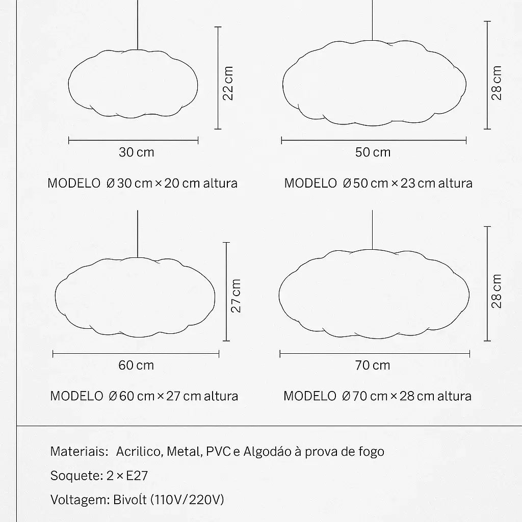 Desenho técnico da luminária pendente nuvem Nimbus mostrando medidas disponíveis de 30, 50, 60 e 70 cm
