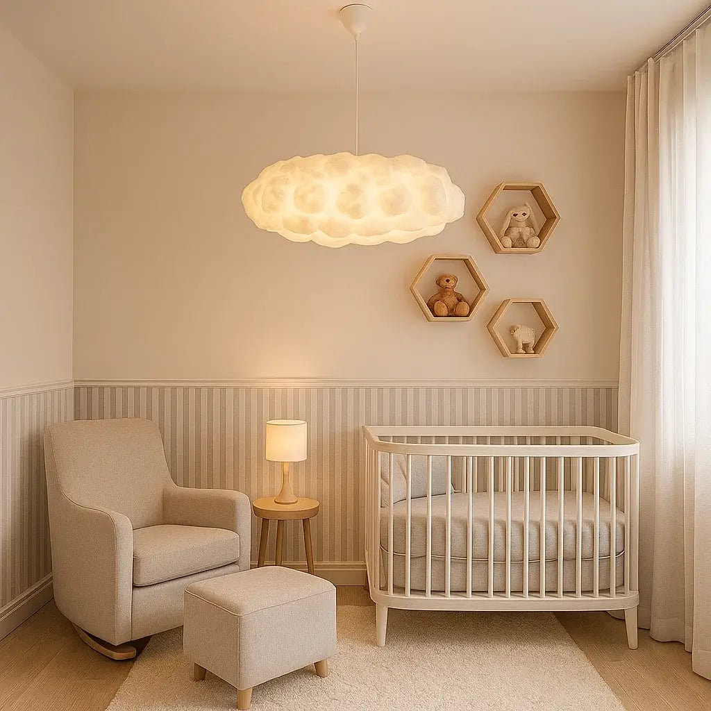 Quarto infantil sofisticado com luminária pendente nuvem Nimbus iluminando berço moderno e poltrona de amamentação
