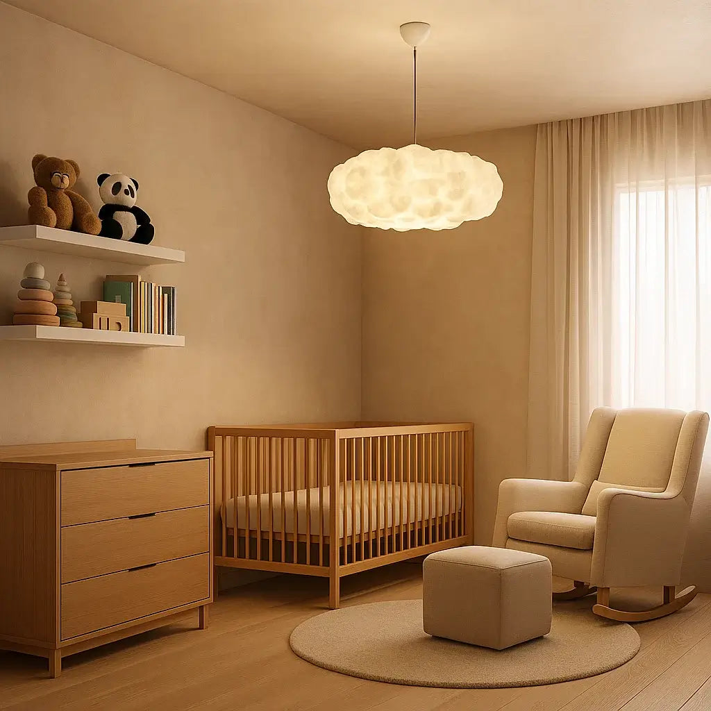 Luminária nuvem Nimbus iluminando quarto infantil com berço de madeira, prateleiras decoradas e poltrona confortável

