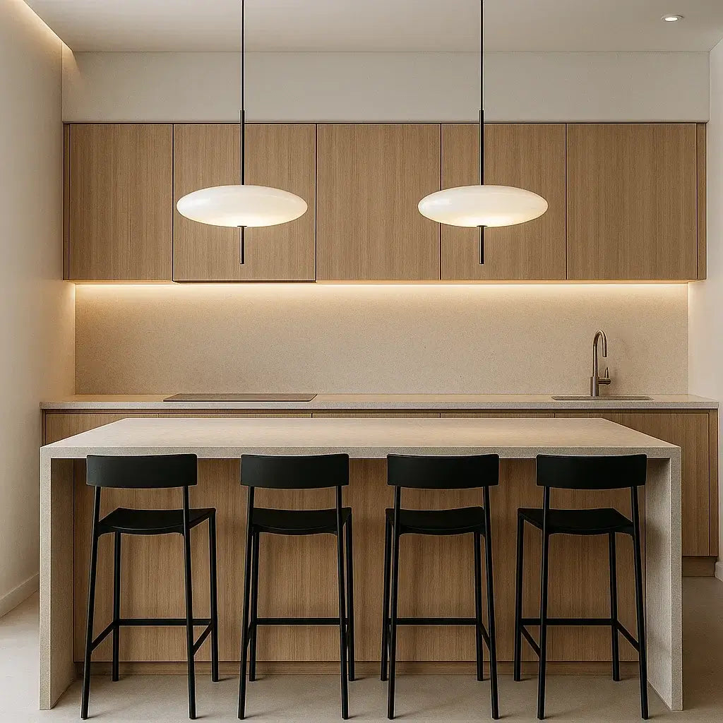 Luminária Pendente UFO 30cm preta e branca em cozinha gourmet moderna com ilha central