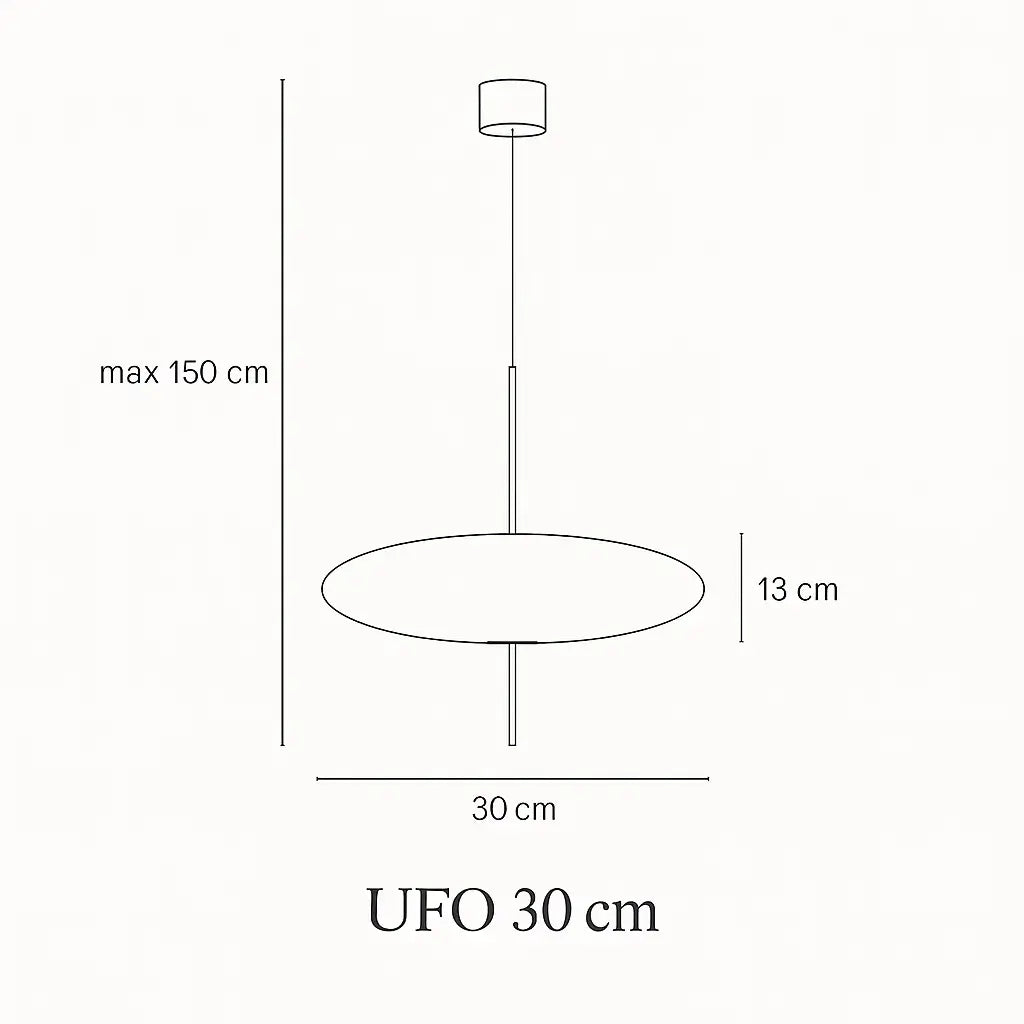 Medidas da Luminária Pendente UFO 30cm com cabo ajustável até 150 cm e LED integrado