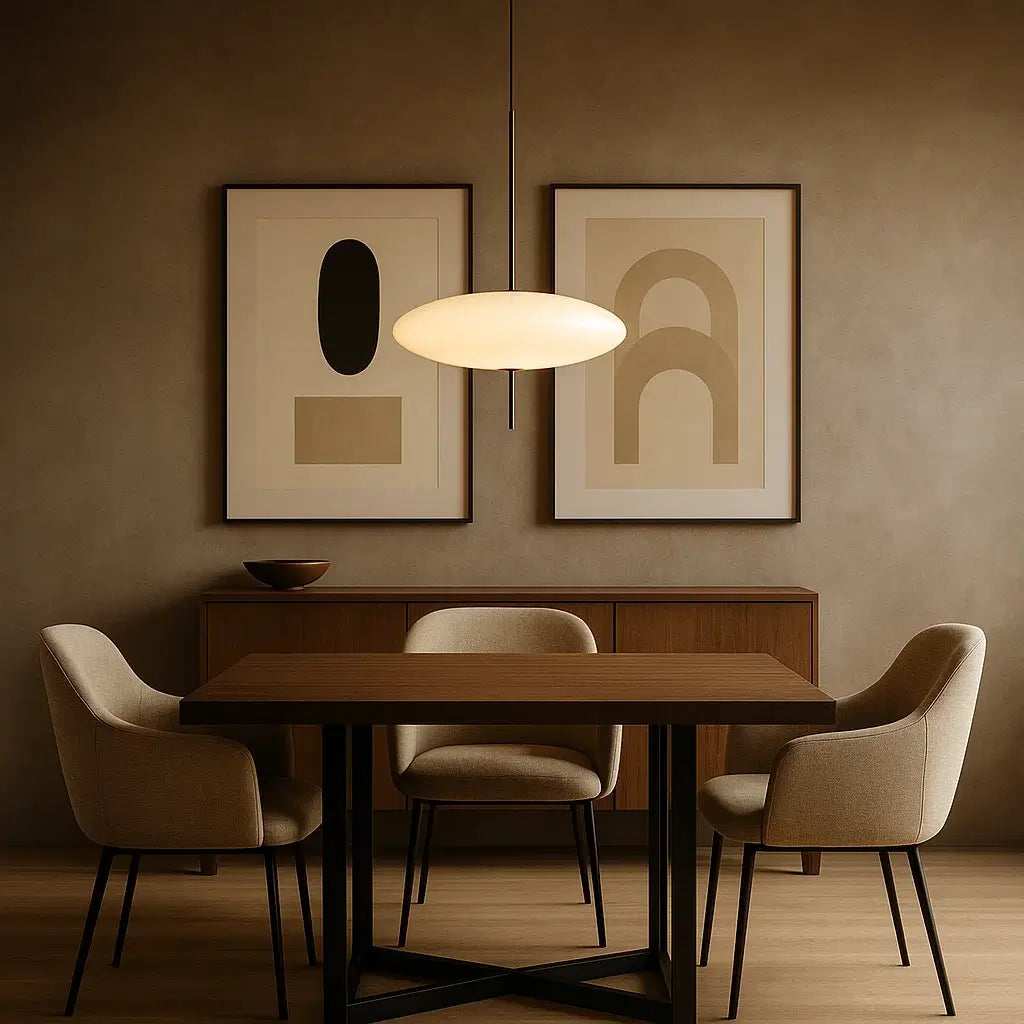 Luminária Pendente UFO 30cm branca iluminando mesa de jantar em ambiente sofisticado