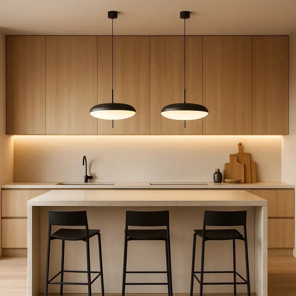 Luminária pendente UFO preto e branco sobre ilha de cozinha moderna com bancadas em pedra clara.