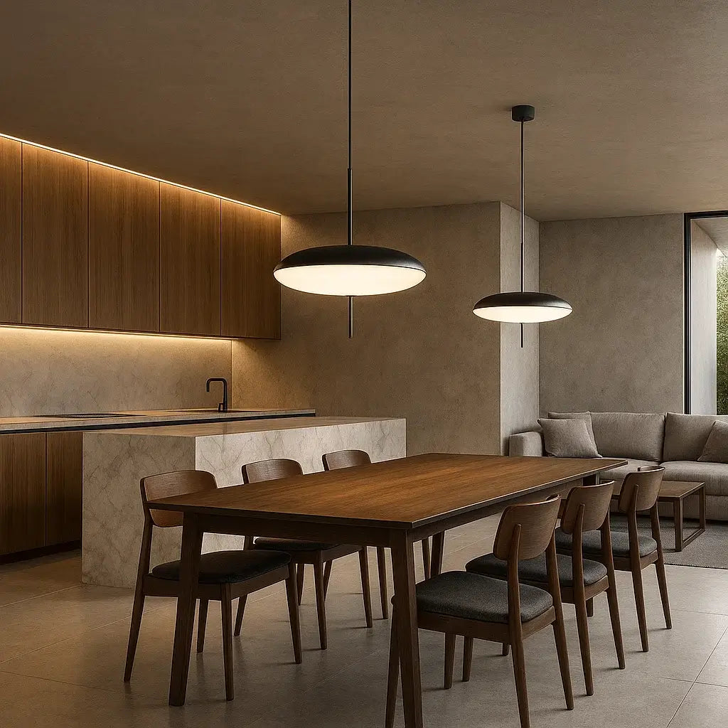 Dupla de luminárias pendentes UFO preto e branco em sala de jantar sofisticada com mesa de madeira.