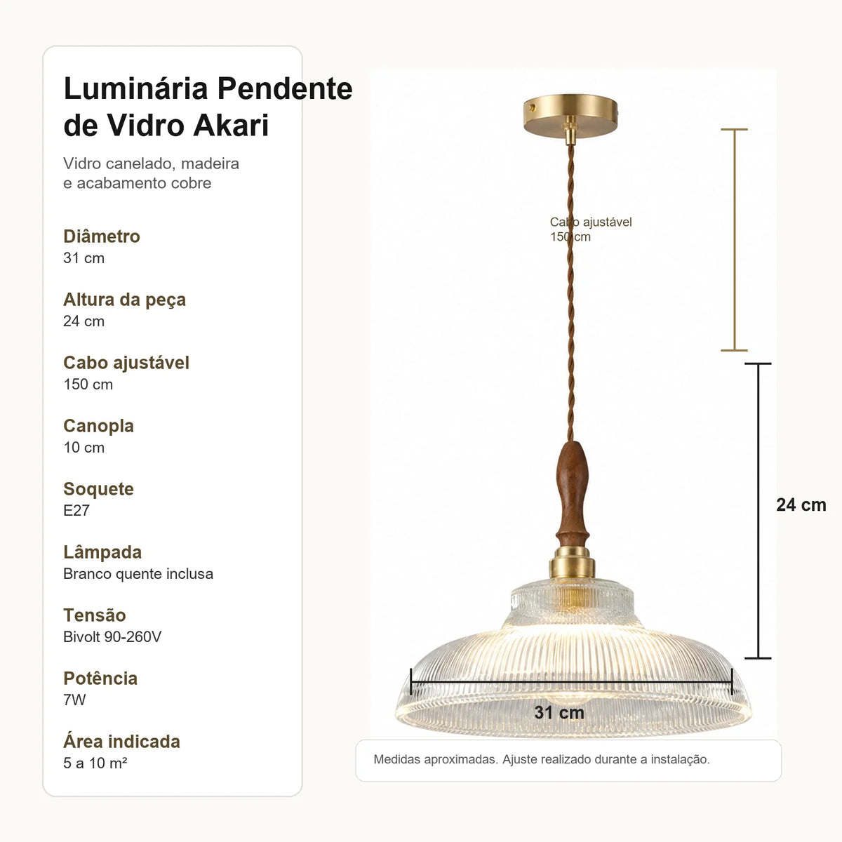 Medidas da Luminária Pendente de Vidro Akari com diâmetro 31 cm e altura 24 cm