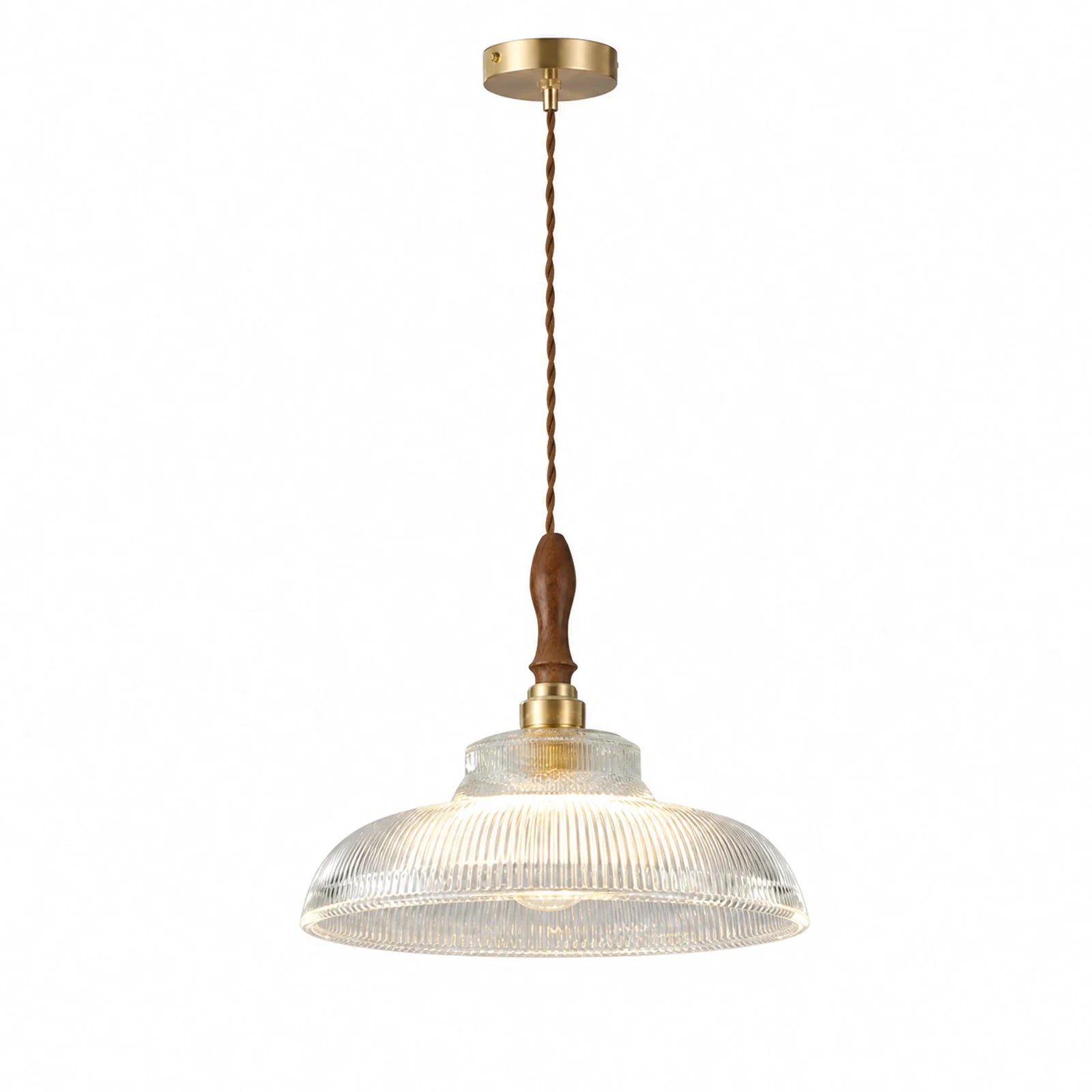 Luminária Pendente de Vidro Akari em fundo branco com vidro canelado, madeira e acabamento cobre