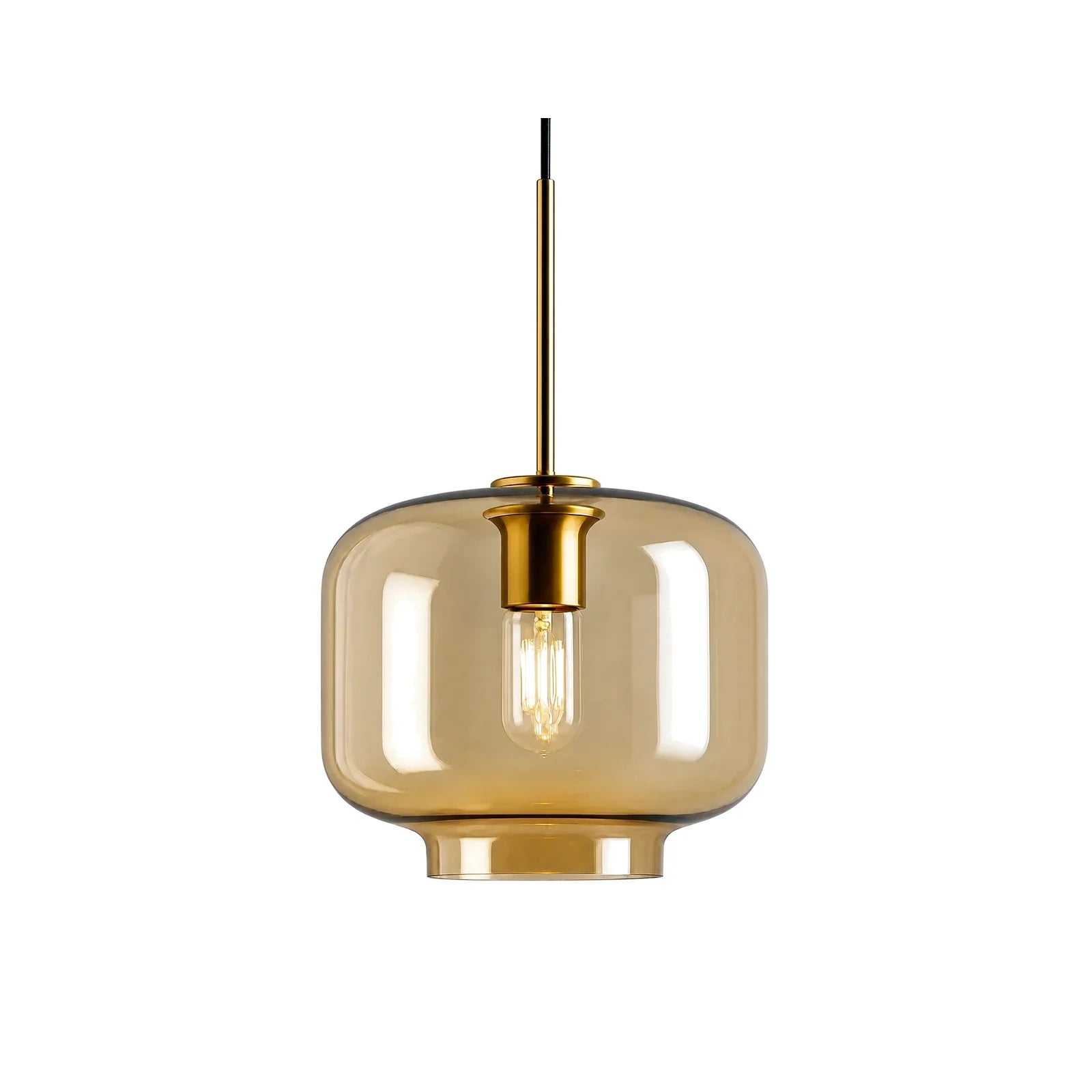 Luminária Pendente de Vidro Âmbar Dourada Moderna Minimalista Auro em fundo branco