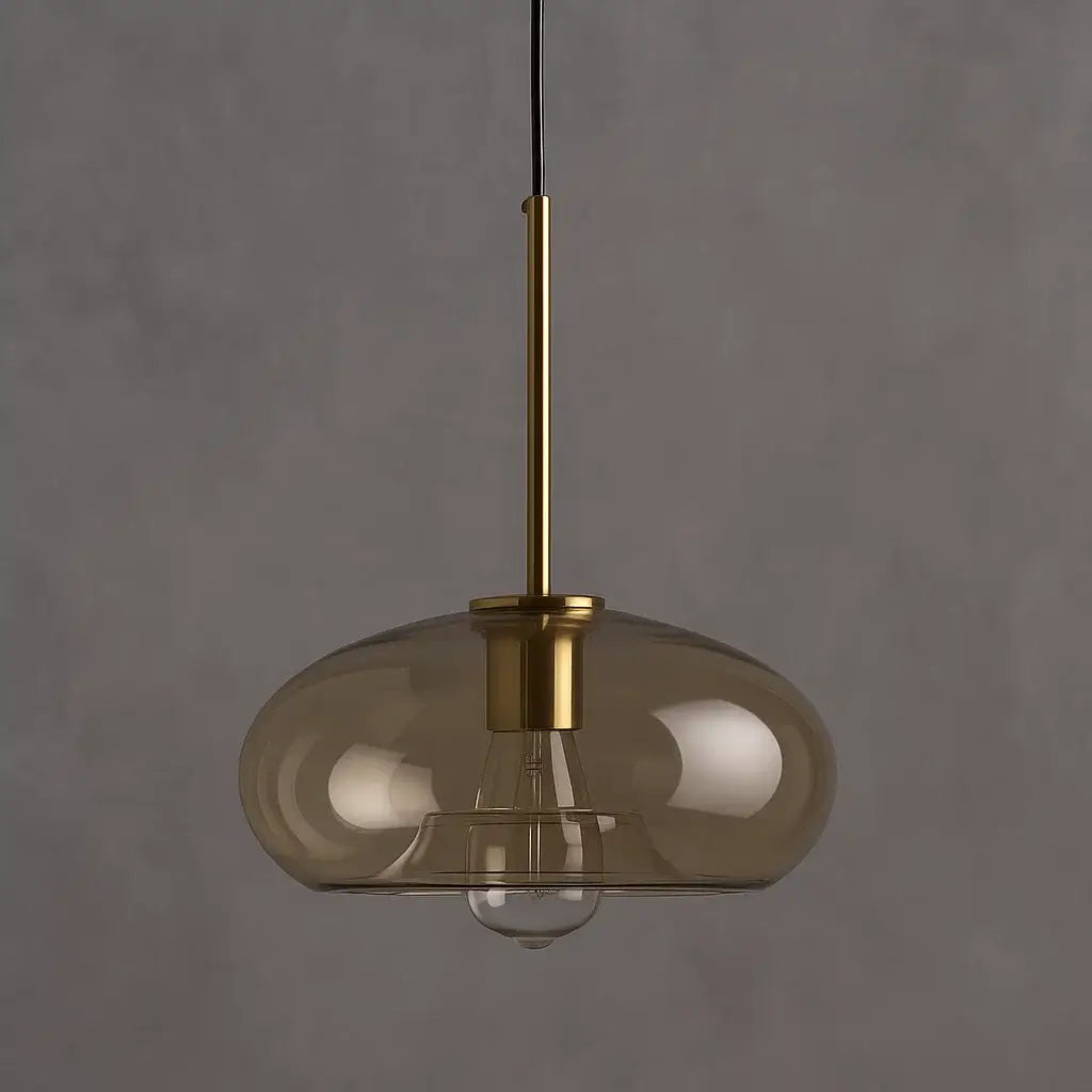 Luminária Pendente de Vidro Âmbar com estrutura dourada minimalista, design sofisticado para sala de jantar e cozinha Radiantbr