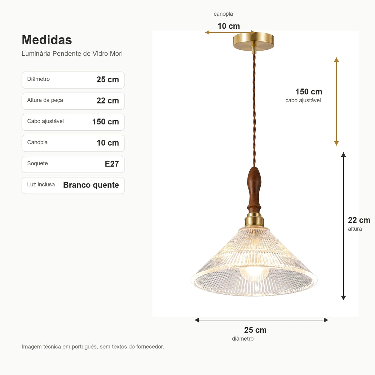 Medidas da Luminária Pendente de Vidro Mori com diâmetro 25 cm e altura 22 cm