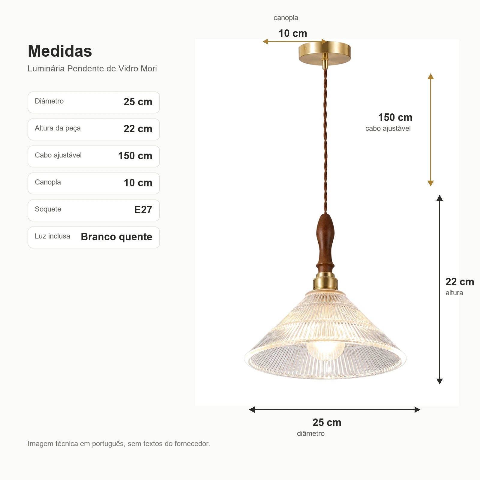 Medidas da Luminária Pendente de Vidro Mori com diâmetro 25 cm e altura 22 cm
