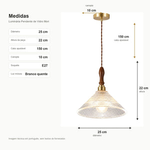 Medidas da Luminária Pendente de Vidro Mori com diâmetro 25 cm e altura 22 cm