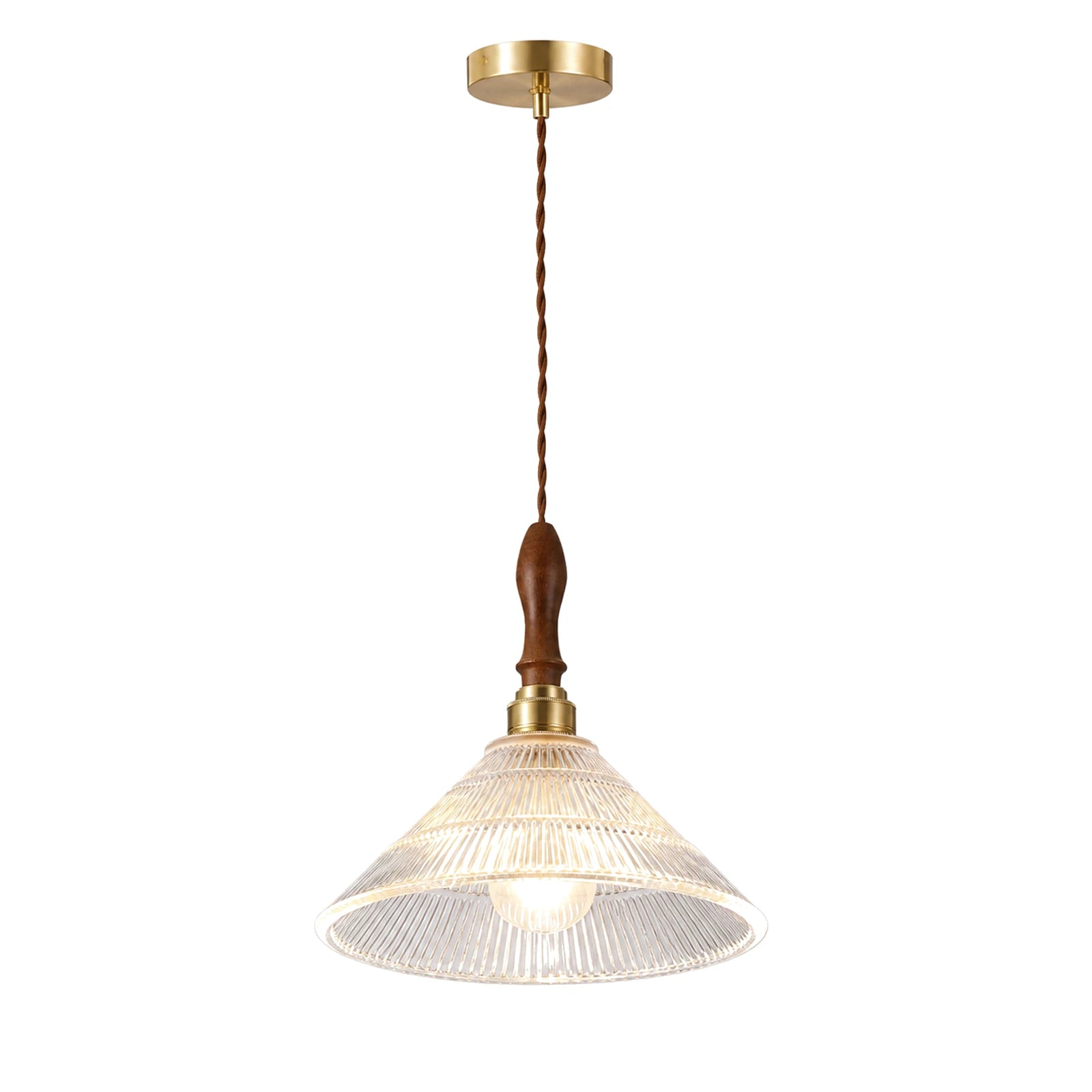 Luminária Pendente de Vidro Mori em fundo branco com vidro canelado, madeira e acabamento cobre