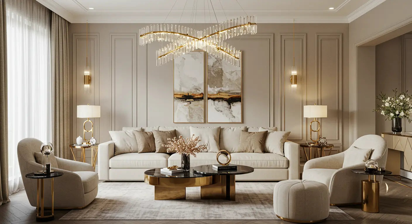 Lustre de cristal dourado em sala de estar moderna, iluminação premium Radiantbr para ambientes de alto padrão