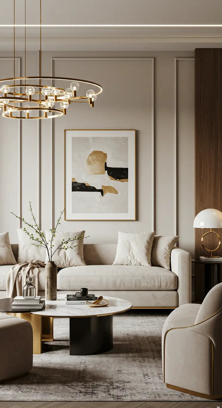 Lustre pendente dourado minimalista em sala de estar moderna, design contemporâneo Radiantbr para decoração refinada