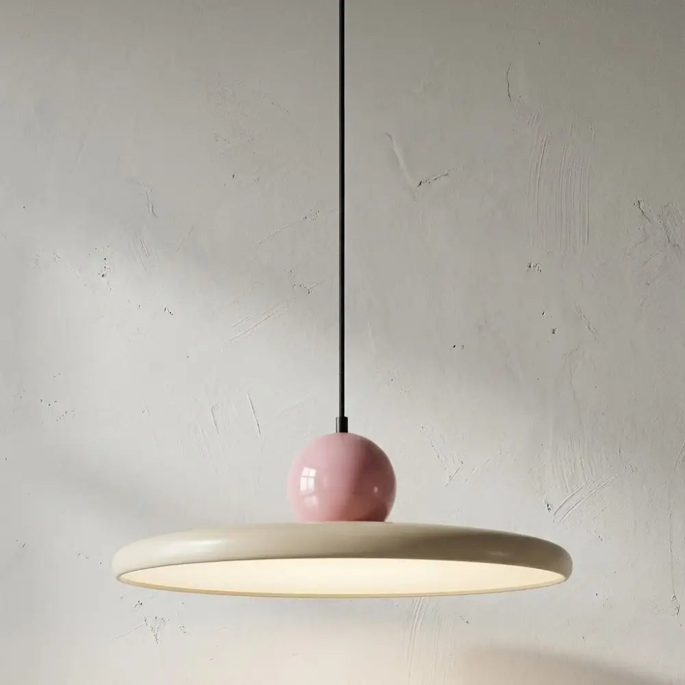 Lustre Pendente Estilo Francês Minimalista na cor rosa com disco creme.