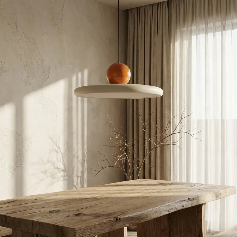 Decoração de sala de jantar com Lustre Pendente Estilo Francês Minimalista laranja sobre mesa de madeira.