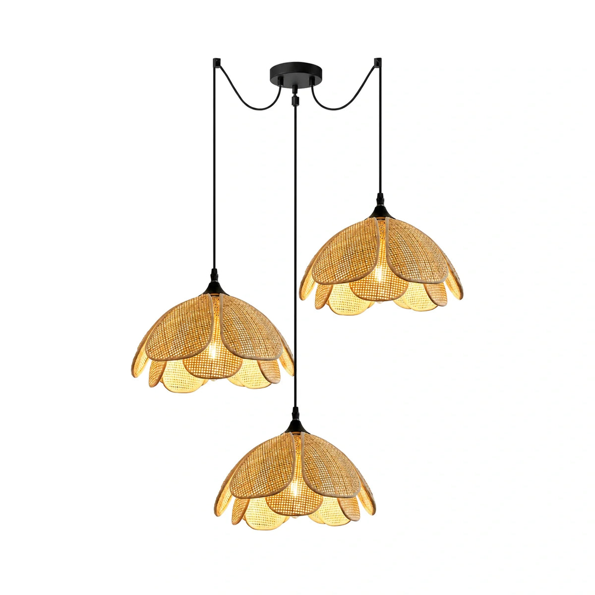Lustre Pendente Estilo Japonês Rattan Triplo em fundo branco