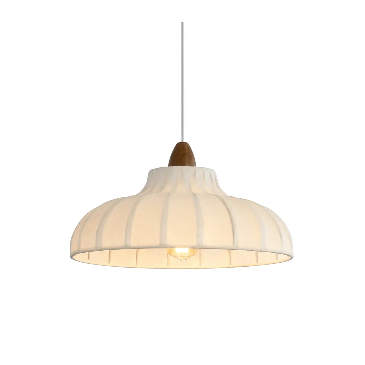 Lustre Pendente Japandi de Tecido Plissado e Madeira com fundo branco