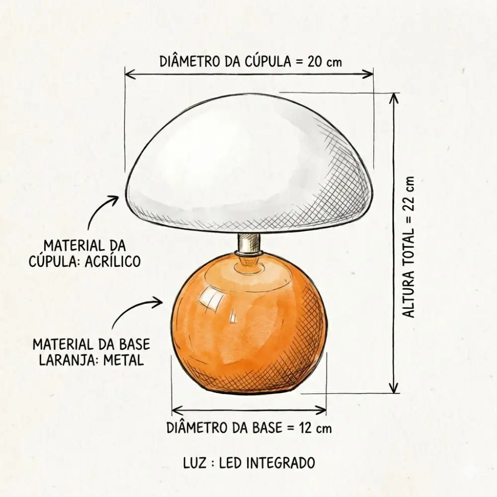 Esquema técnico com medidas do Abajur Cogumelo Laranja: Altura total de 22 cm, diâmetro da cúpula de acrílico de 20 cm e base de metal com 12 cm