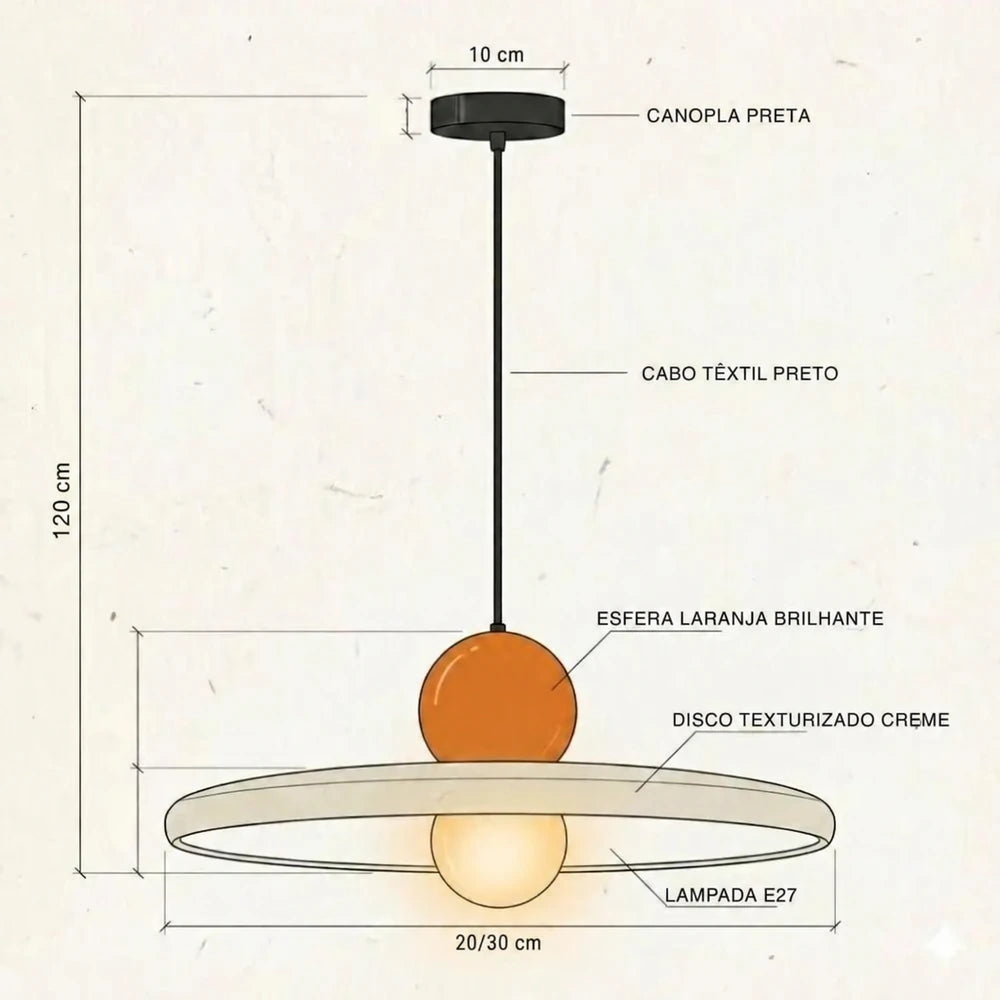 Imagem técnica do Lustre Pendente Estilo Francês Minimalista com cabo ajustável de 120 cm e opções de 20 cm ou 30 cm de diâmetro.