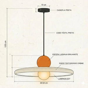 Imagem técnica do Lustre Pendente Estilo Francês Minimalista com cabo ajustável de 120 cm e opções de 20 cm ou 30 cm de diâmetro.