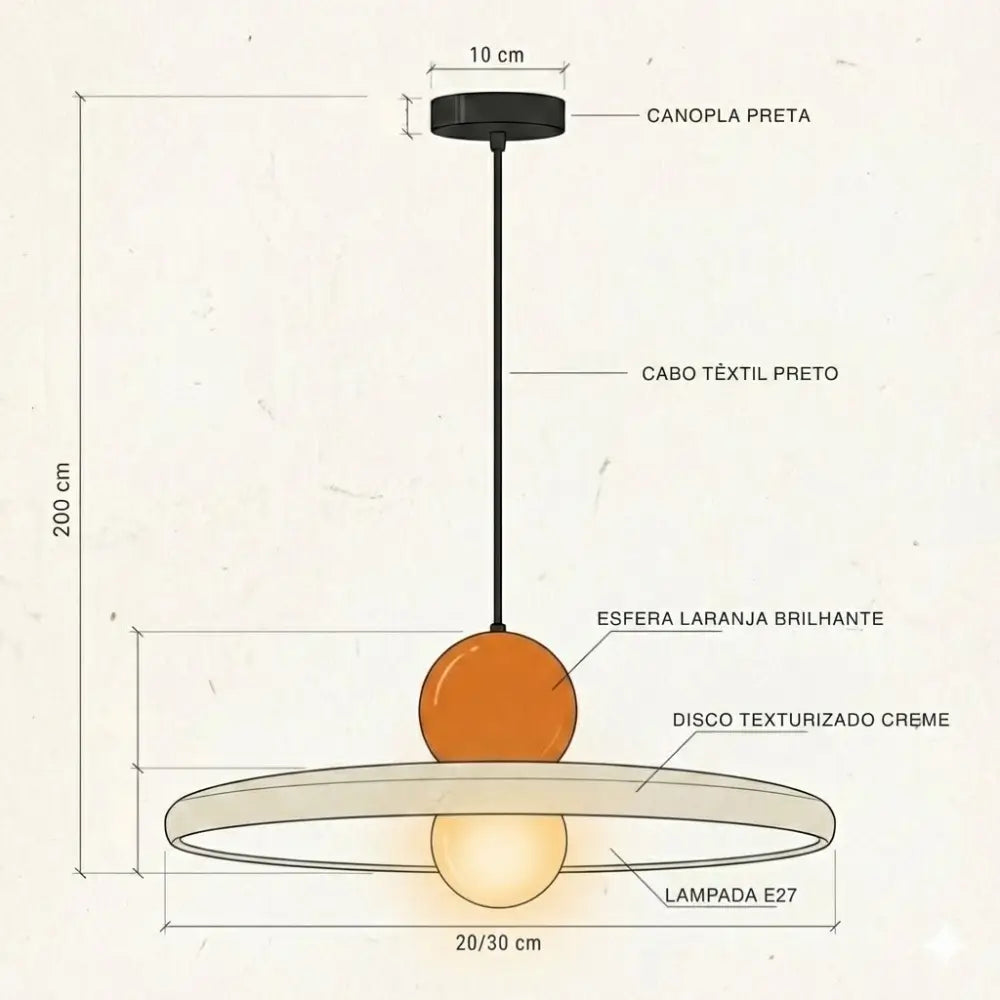 Infográfico com as dimensões e medidas da luminária pendente moderna minimalista. Detalha o cabo ajustável de 2 metros, o disco creme de 20cm ou 30cm e a esfera retrô laranja. Guia perfeito para planejar a instalação do seu novo lustre para sala de jantar.
