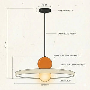 Infográfico com as dimensões e medidas da luminária pendente moderna minimalista. Detalha o cabo ajustável de 2 metros, o disco creme de 20cm ou 30cm e a esfera retrô laranja. Guia perfeito para planejar a instalação do seu novo lustre para sala de jantar.