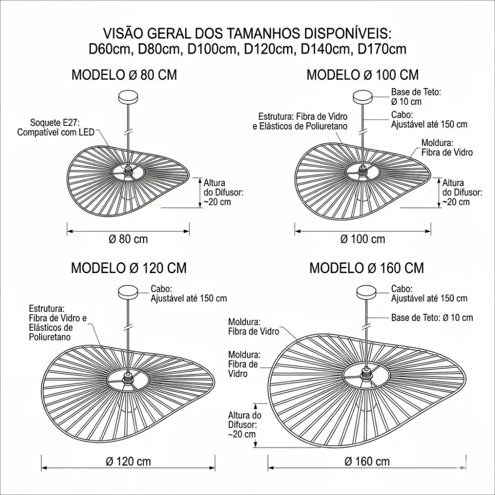 Desenho técnico esquemático com as medidas e dimensões de diâmetro do lustre pendente Vertigo nos tamanhos 80cm, 100cm, 120cm e 160cm.