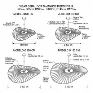 Desenho técnico esquemático com as medidas e dimensões de diâmetro do lustre pendente Vertigo nos tamanhos 80cm, 100cm, 120cm e 160cm.