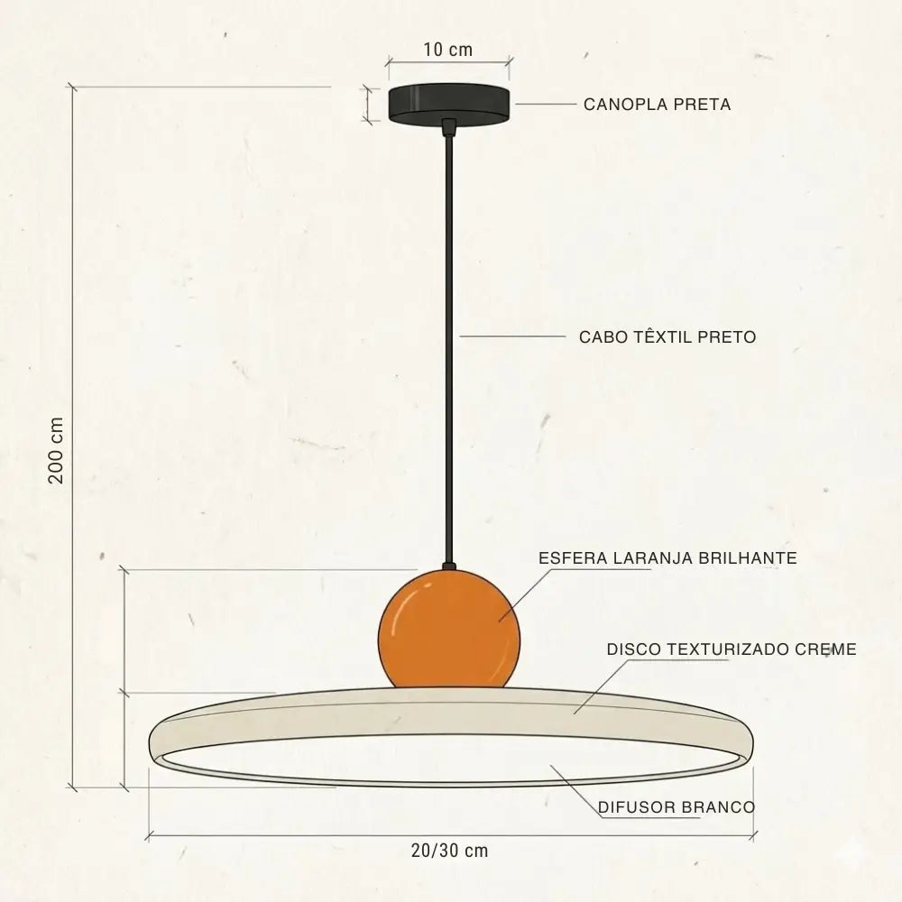 Desenho técnico com dimensões do Lustre Pendente Estilo Francês Minimalista e cabo ajustável.