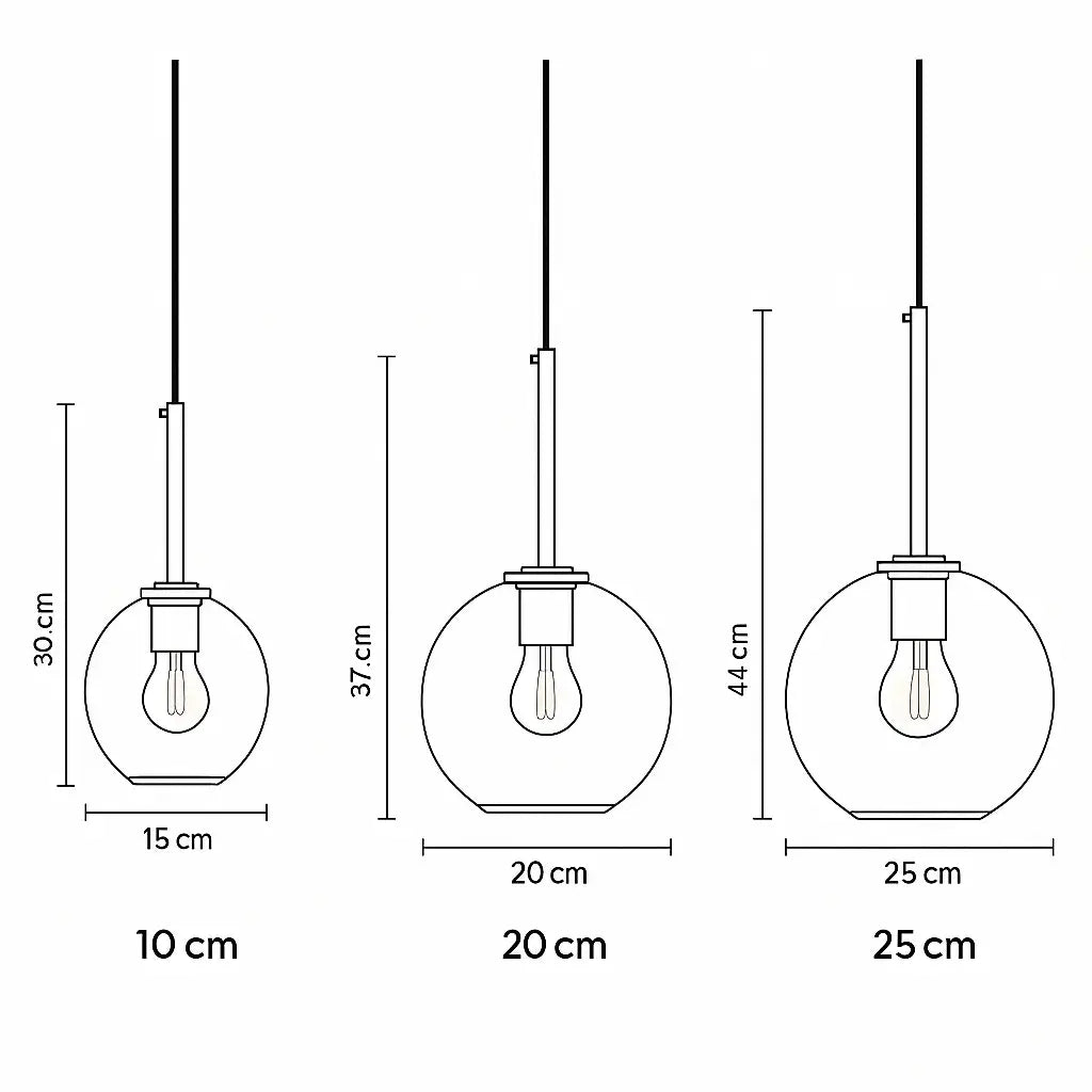 Medidas do pendente globo âmbar dourado em três tamanhos (15cm, 20cm e 25cm), com desenho técnico arquitetônico.