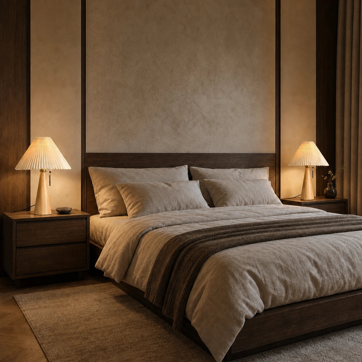 Par de luminárias de mesa Sora em quarto com cúpula plissada