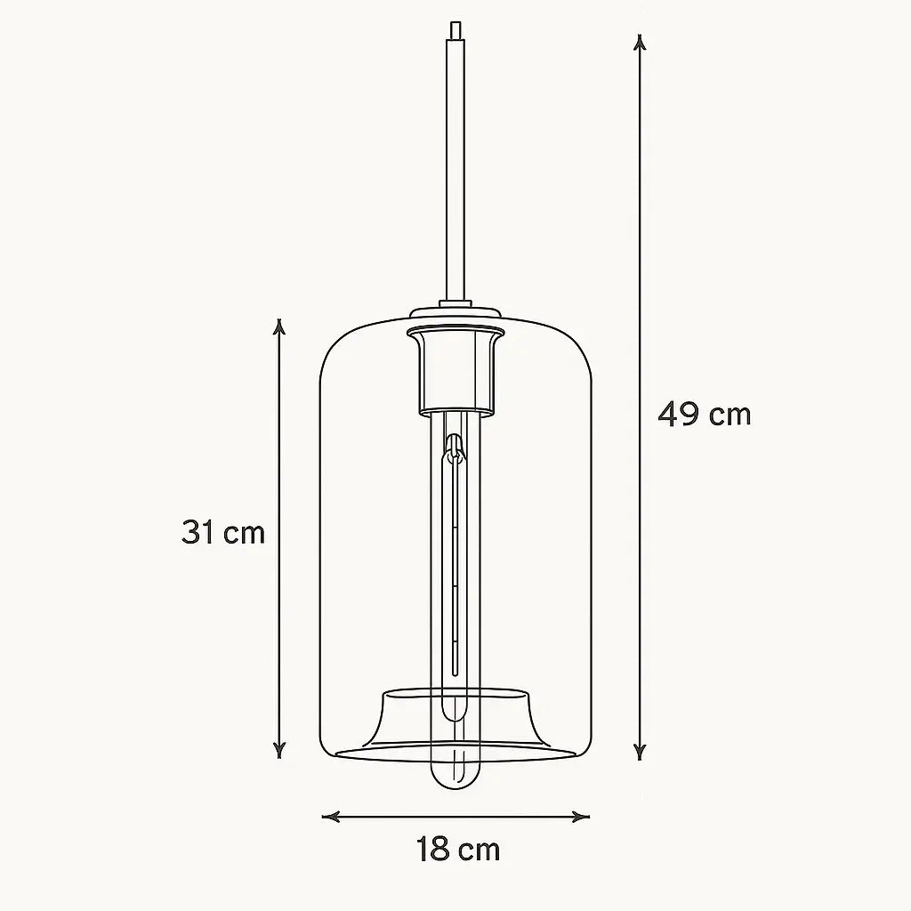 Desenho técnico de pendente cilíndrico de vidro âmbar com medidas 18 cm de largura e 49 cm de altura